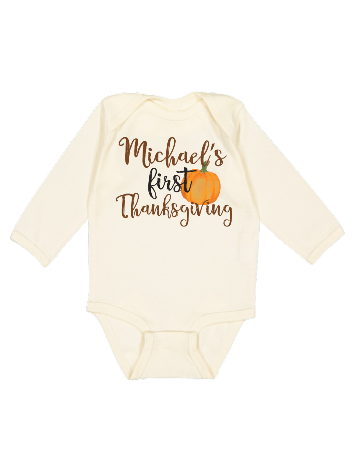 Personalized Boys First Thanksgiving Outfit Long Sleeve Natural Bodysuit
