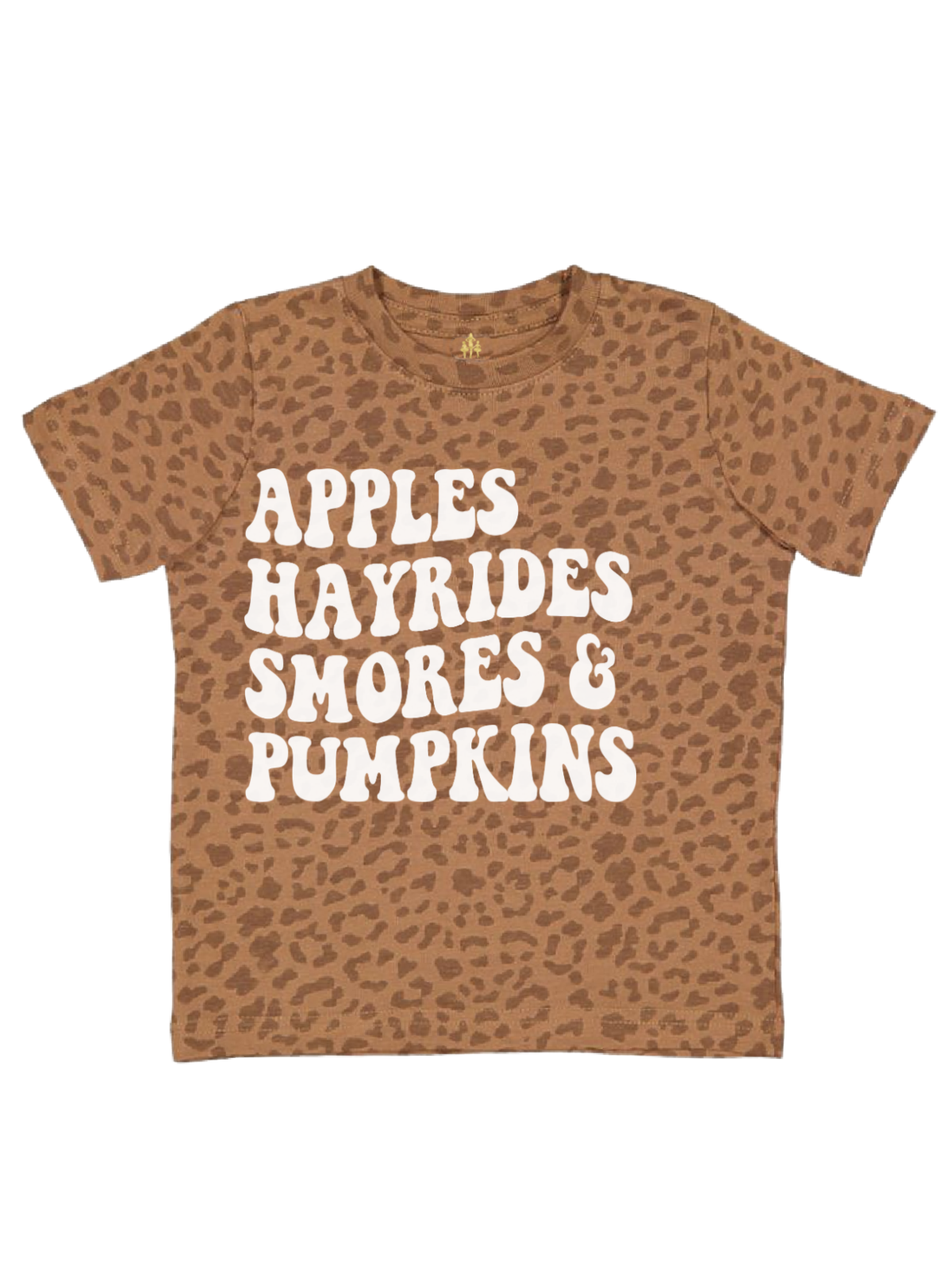 Apples Hayrides Smores and Pumpkins Kids Fall Shirts in Latte Leopard Print and Peach