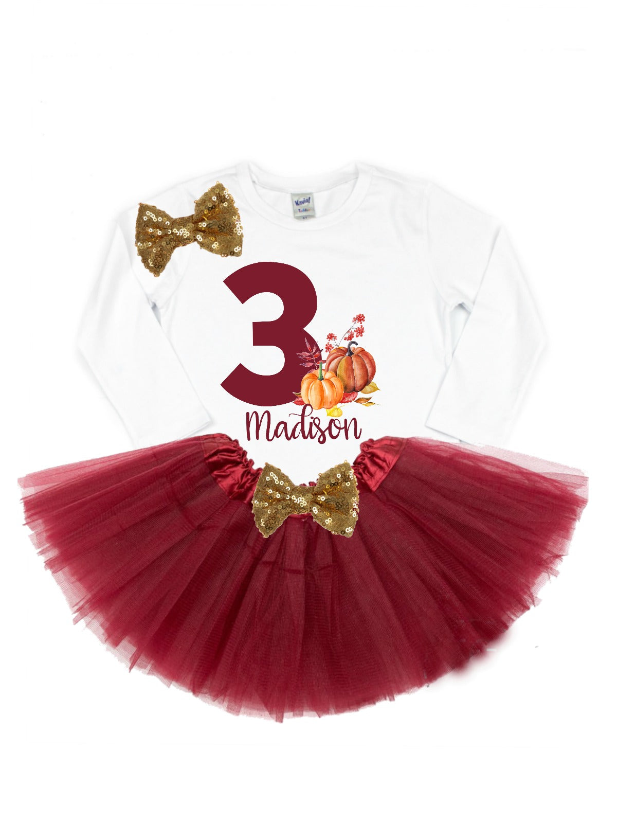 girls personalized fall birthday pumpkin tutu outfit burgundy and gold