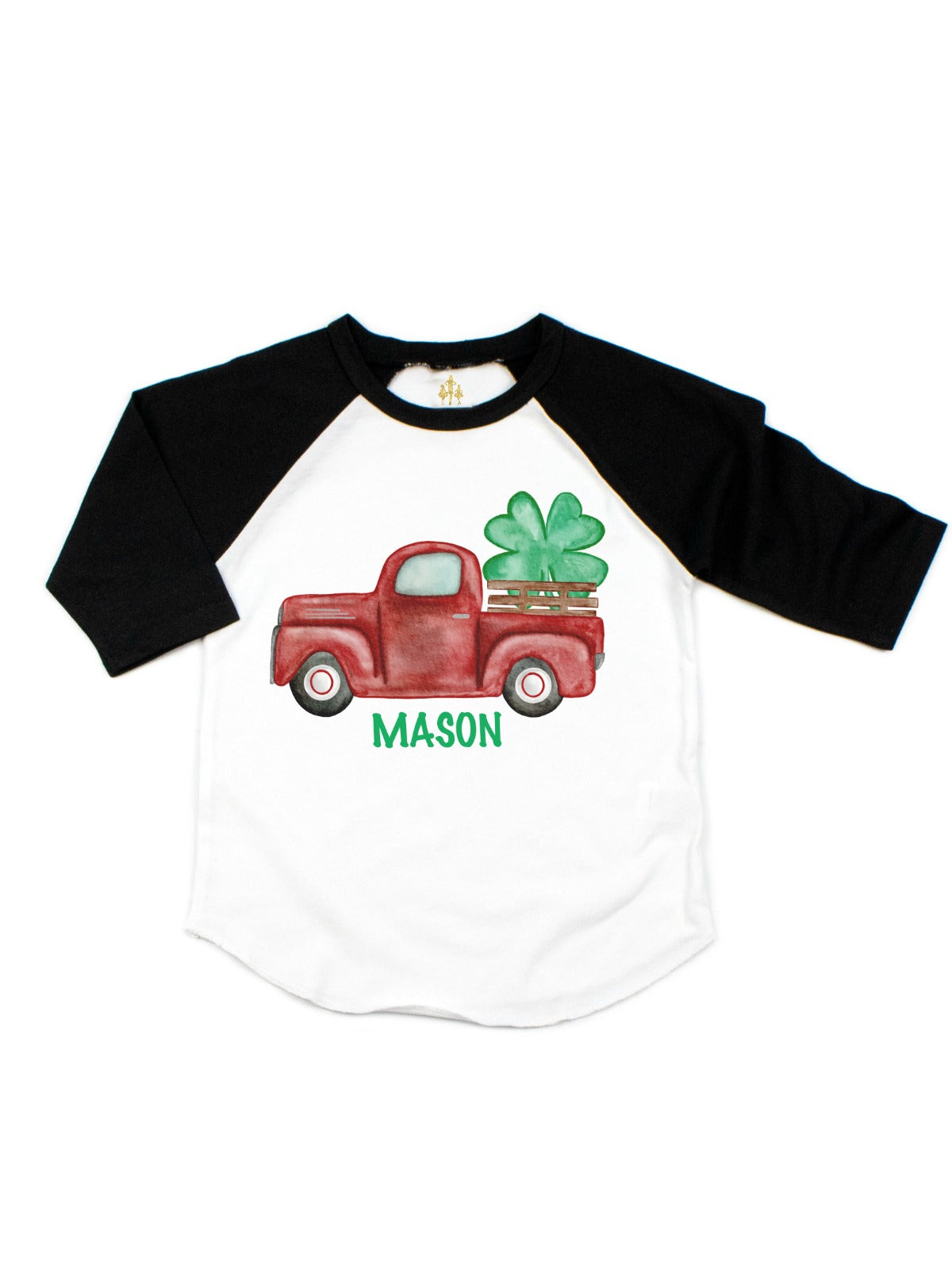 kids personalized st. patrick's day vintage red truck and four-leaf clover tee
