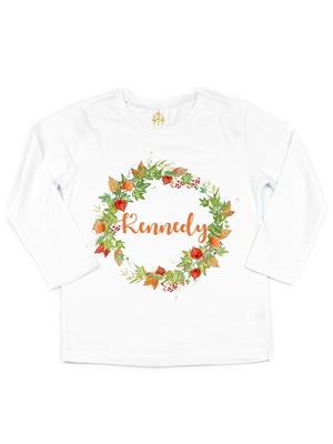 girls personalized orange and green fall floral wreath flowers shirt