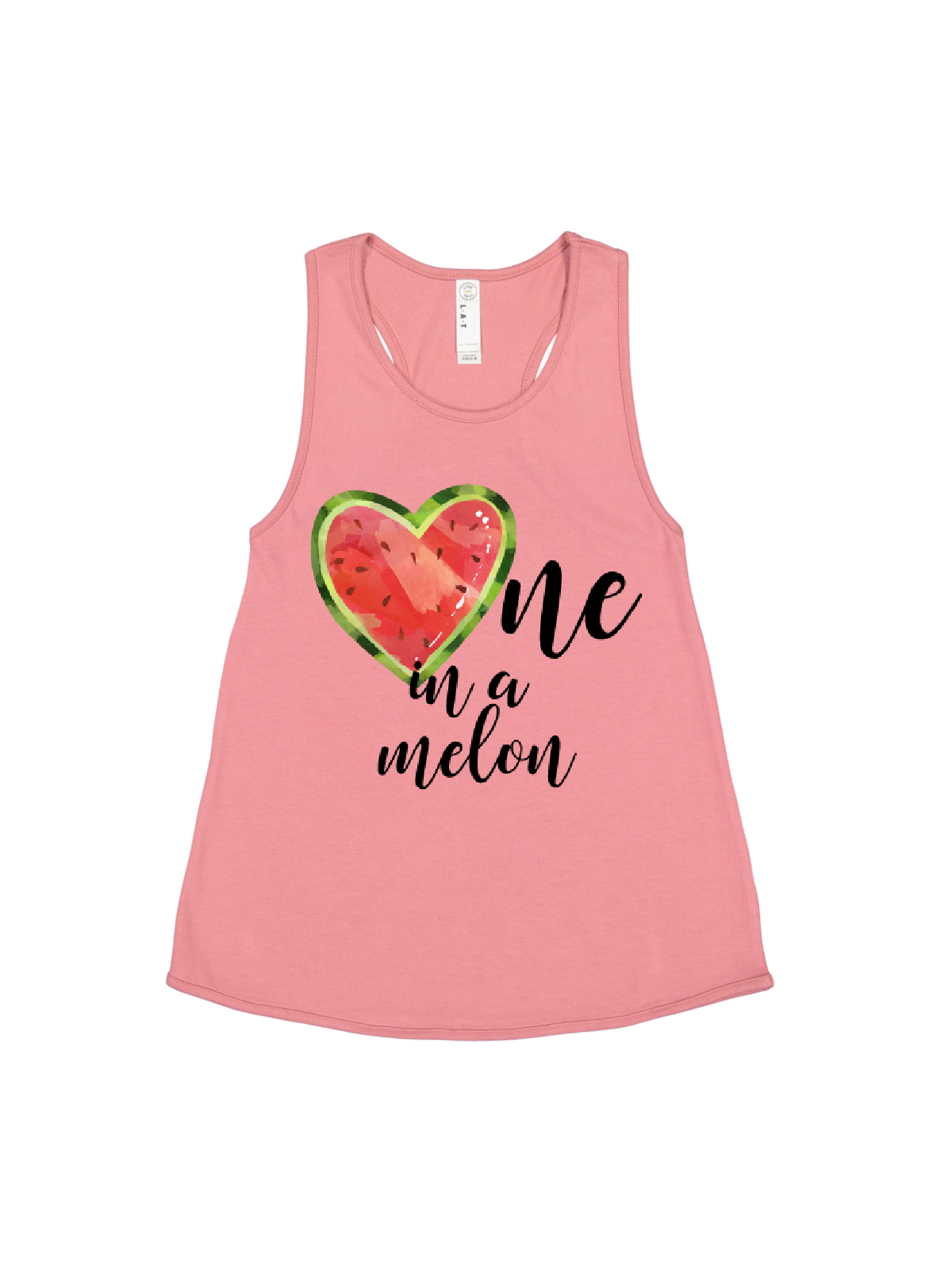 girls one in a melon watermelon tank tops in white, black, and red