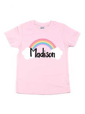 personalized rainbow and clouds light pink shirt