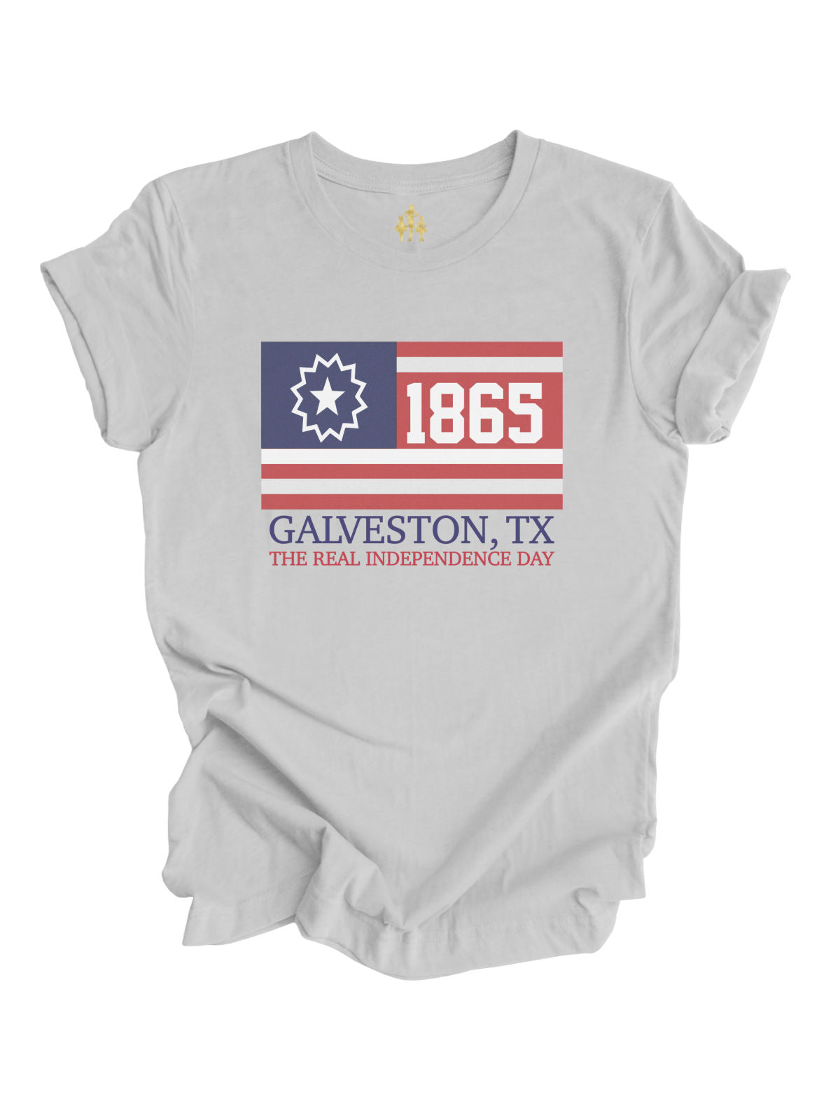 Athletic gray Juneteenth shirt with Galveston, TX 1865 flag design and “The Real Independence Day” message for adults