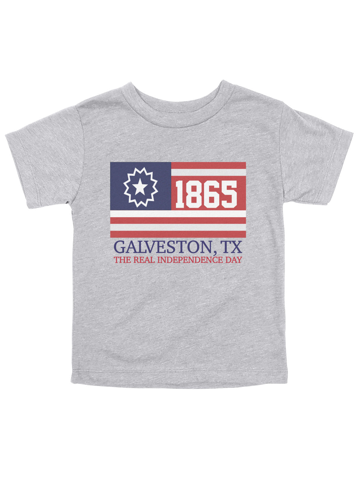 Kids Juneteenth shirt in gray with 1865 and Galveston, TX real Independence Day design.