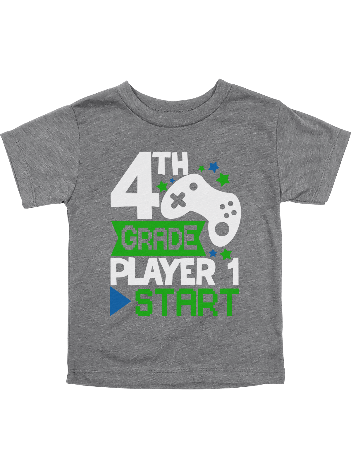 4th Grade Player 1 Start boys back-to-school gaming shirt in deep heather gray with white and green video game controller design.