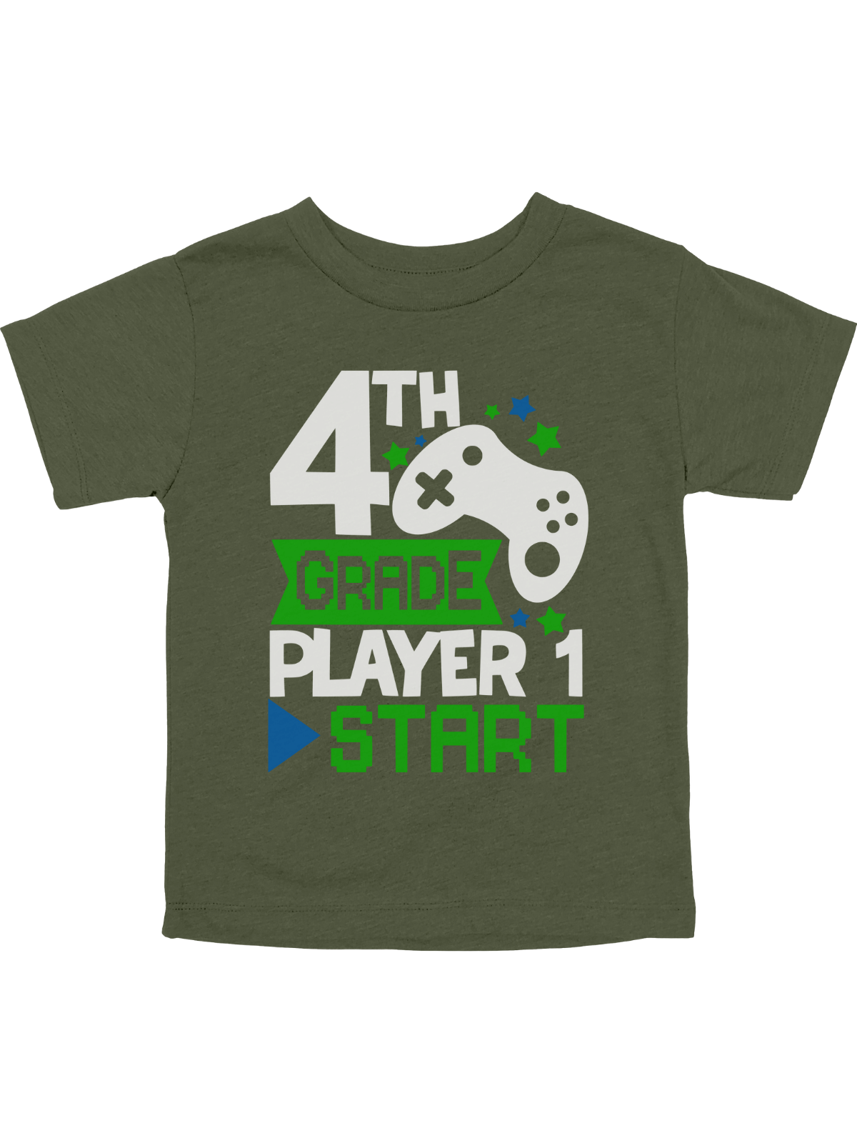 4th Grade Player 1 Start boys back-to-school gaming shirt in deep heather gray with white and green video game controller design.