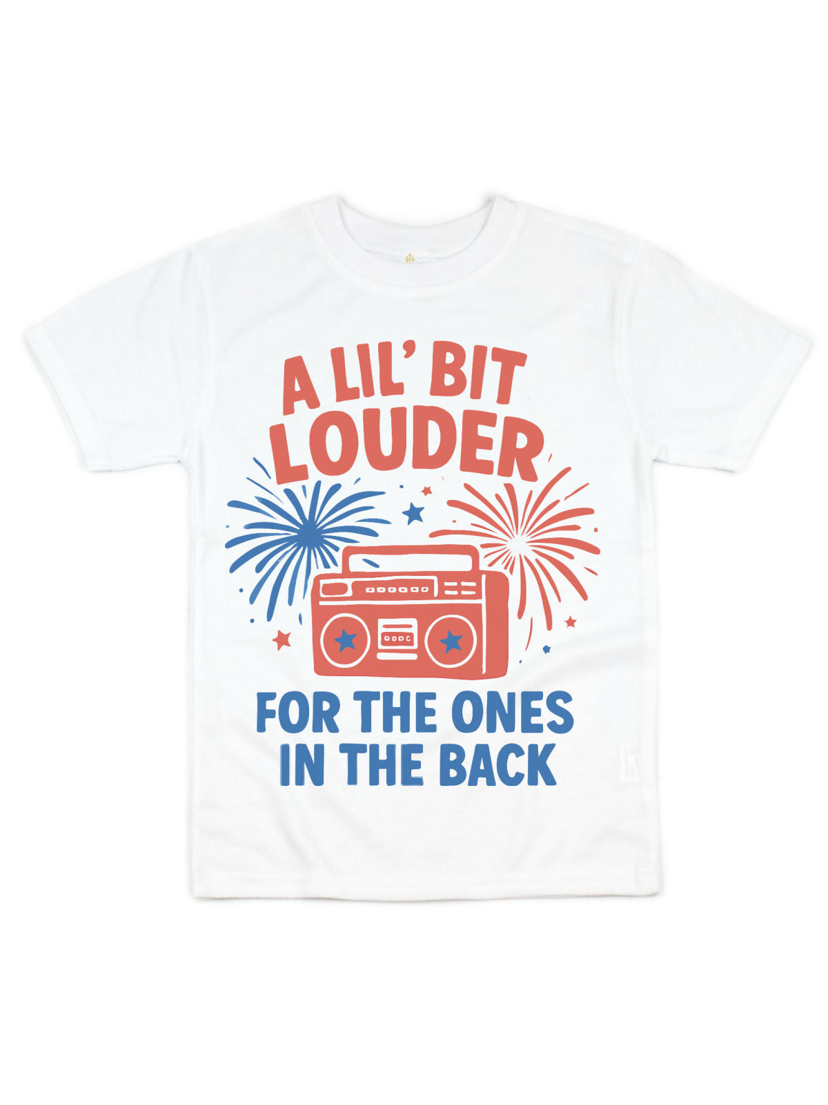 White kids t-shirt with red and blue fireworks, retro boombox, and text “A Lil’ Bit Louder for the Ones in the Back”