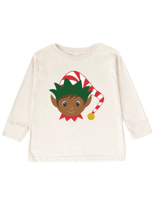 Long sleeve natural kids Christmas shirt with elf wearing holiday hat