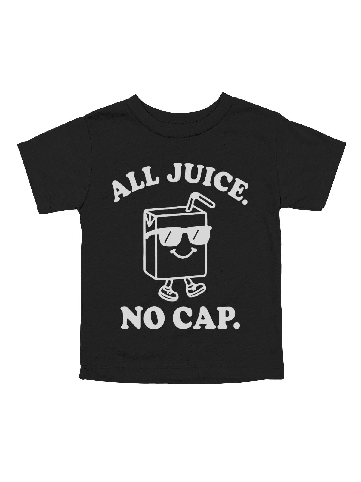 Black kids t-shirt with white “All Juice. No Cap.” text and cartoon juice box graphic