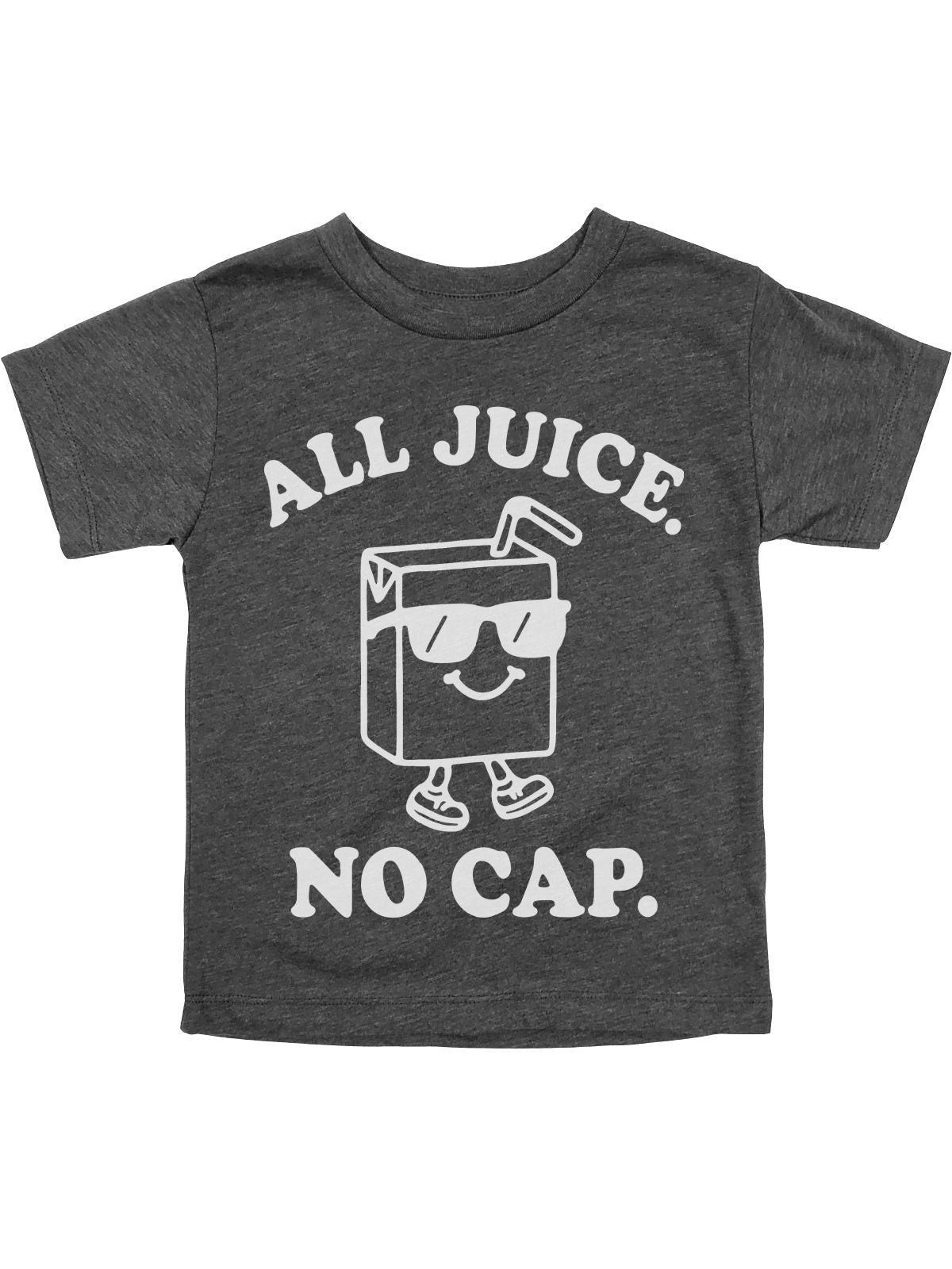 Natural-colored kids t-shirt with tan “All Juice. No Cap.” text and juice box character