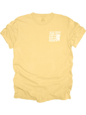 Butter yellow women's shirt with "All That and a Bag of Chips" text on front and back in retro font