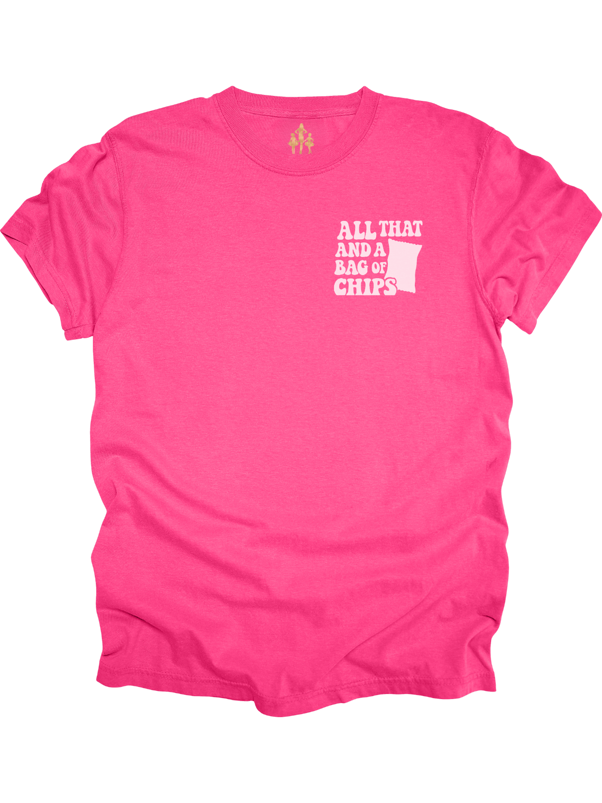 Crunchberry pink “All That and a Bag of Chips” women’s t-shirt with retro front and back design