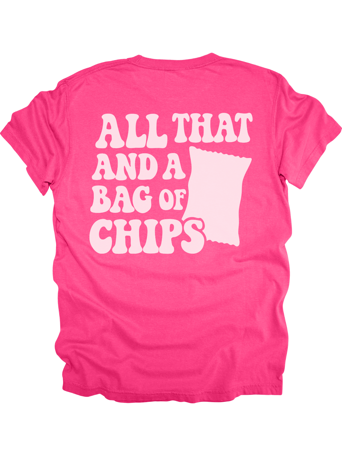 Crunchberry pink “All That and a Bag of Chips” women’s t-shirt with retro front and back design