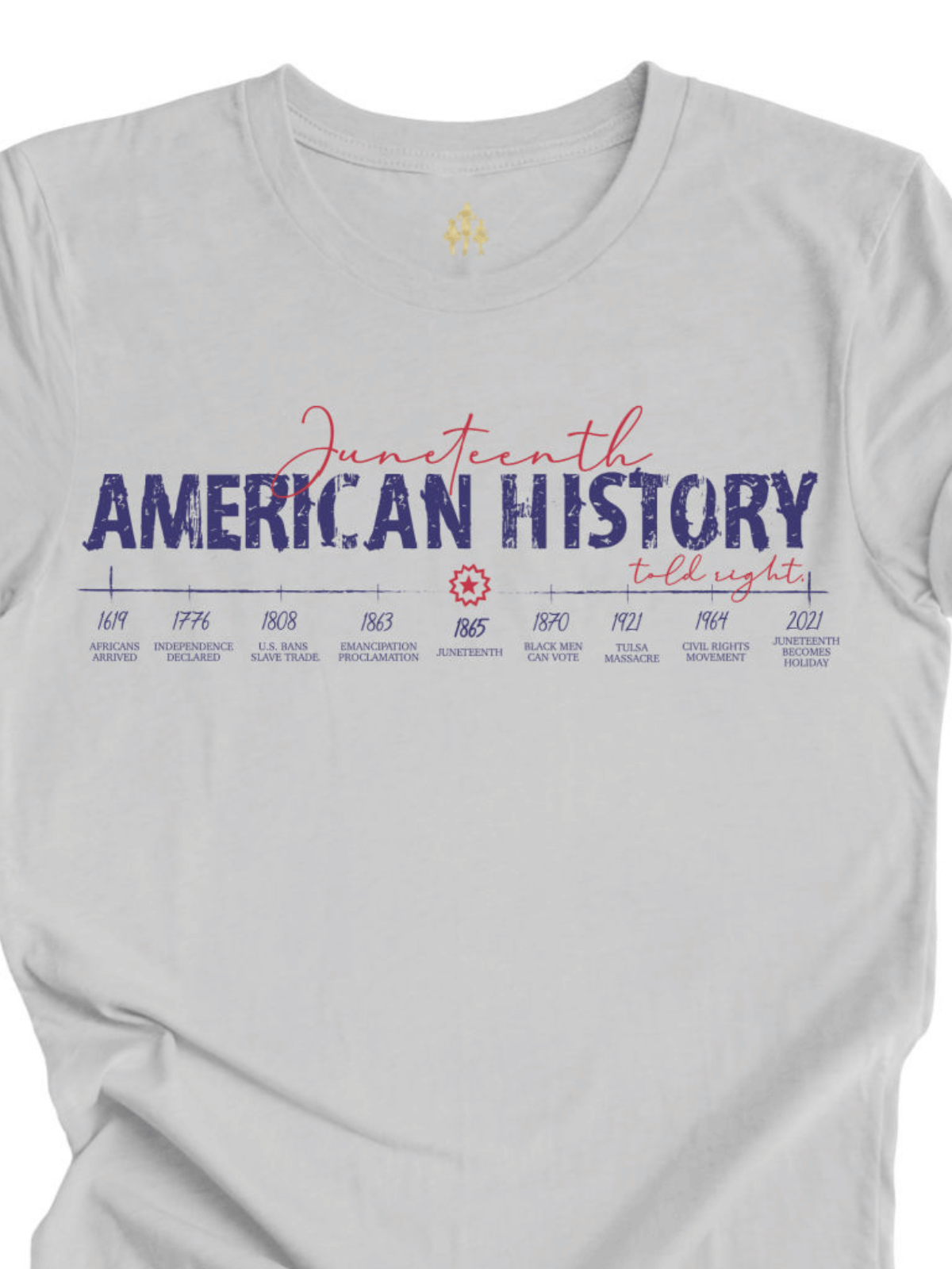 Adult cream Juneteenth shirt featuring historical timeline from 1619 to 2021 in bold red and blue print