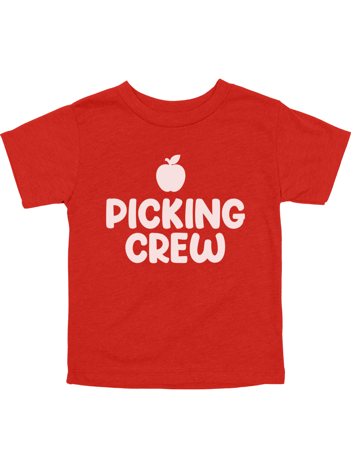 Kid Picking Apples in Red Shirt that reads Apple Picking Crew