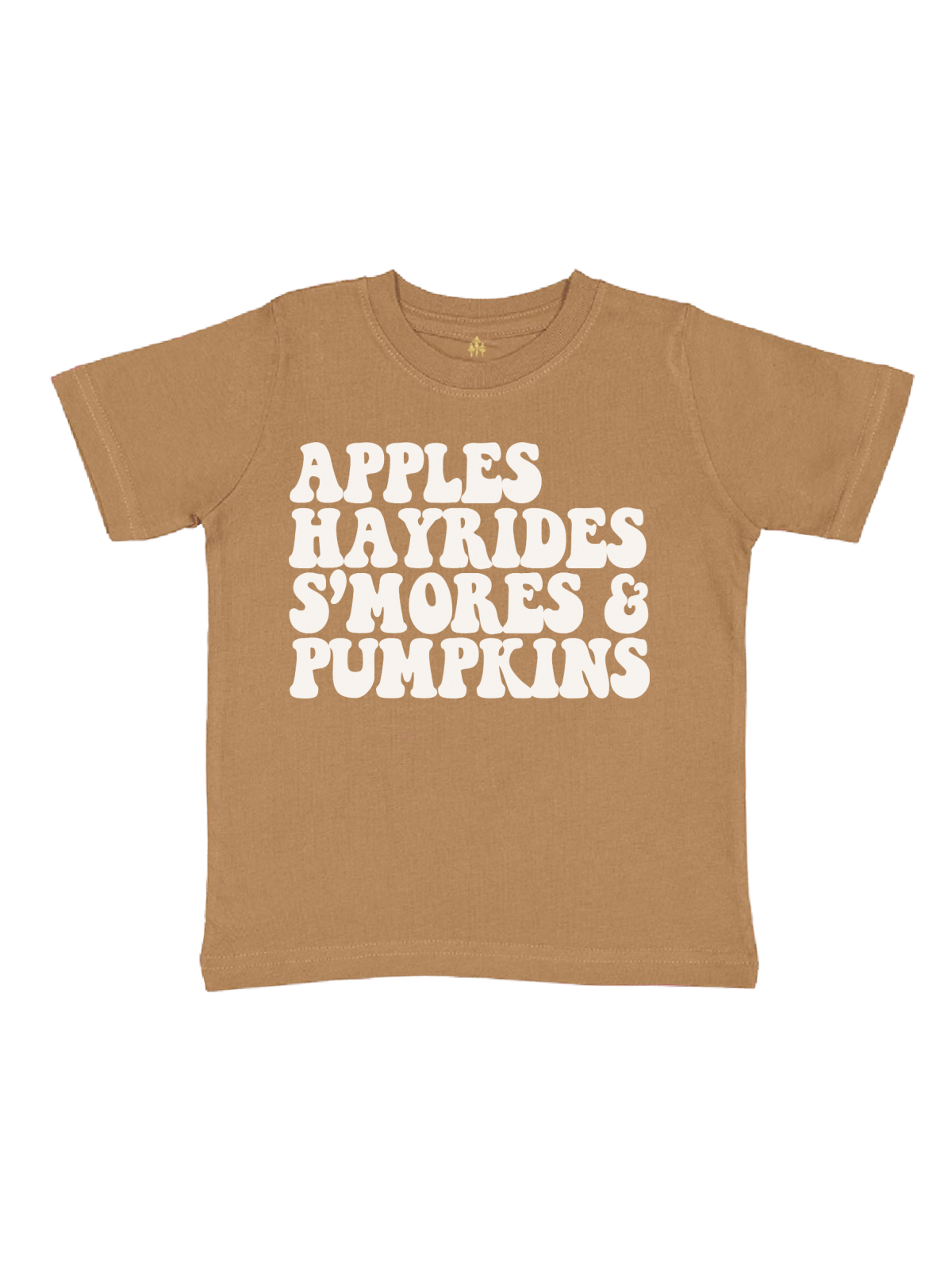 Apples Hayrides S'mores & Pumpkins Kids Shirt in Toast