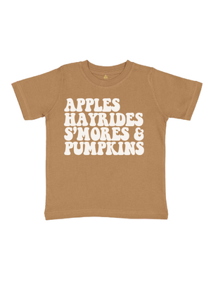 Apples Hayrides S'mores & Pumpkins Kids Shirt in Toast