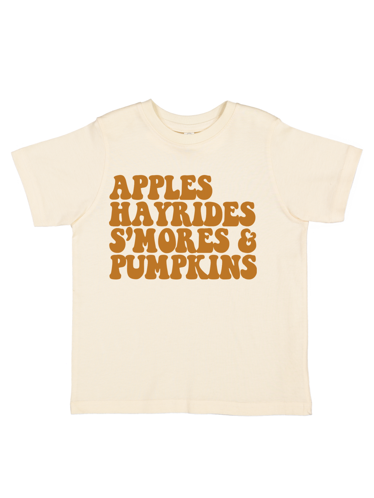 Girl wearing fall shirt that says Apples, Hayrides, S'mores and Pumpkins