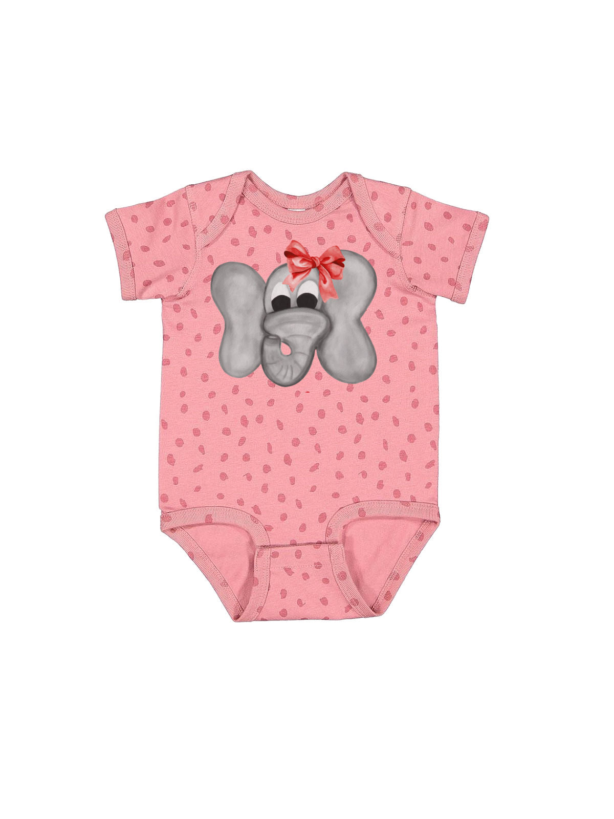 Short sleeve mauve spots infant bodysuit with Christmas elephant in red bow