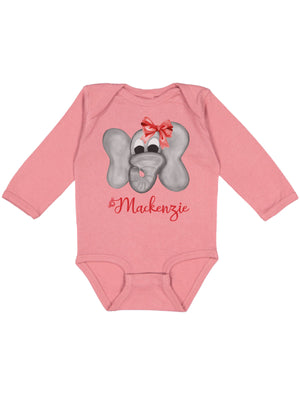 Long sleeve mauve pink infant one piece bodysuit with Christmas elephant in red bow with name