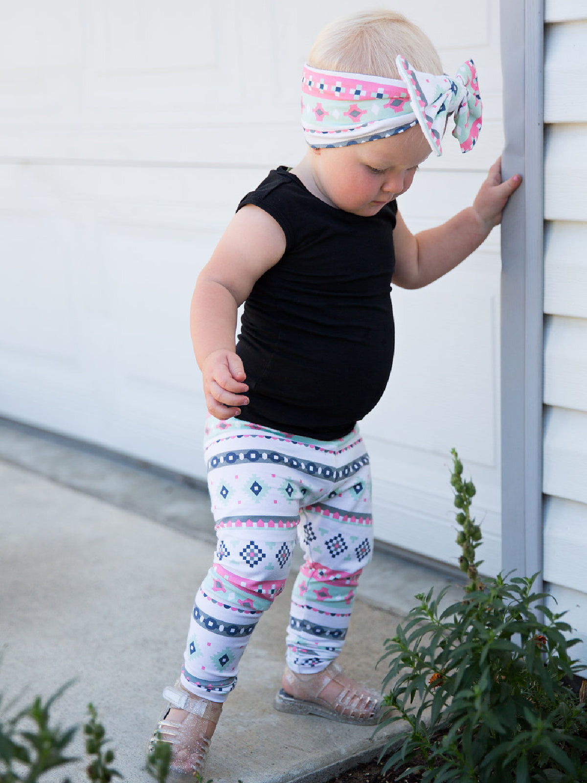 Pastel Aztec Kids Leggings – Soft cotton leggings in pink, mint, and navy with a fun tribal print. Handmade, comfy, and perfect for matching with mom.