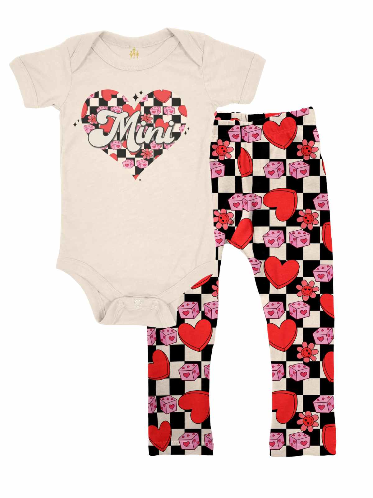 Baby girl Valentine's Day outfit featuring a custom-printed 'Mini' heart bodysuit and matching retro checkered leggings with red hearts and pink dice.