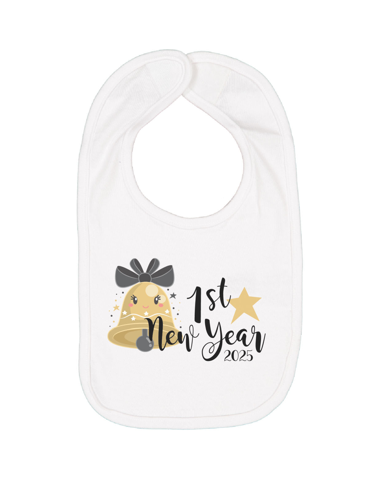 white baby girl bib with first New Year 2025 bell design