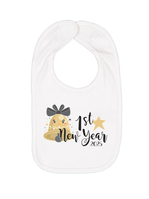 white baby girl bib with first New Year 2025 bell design