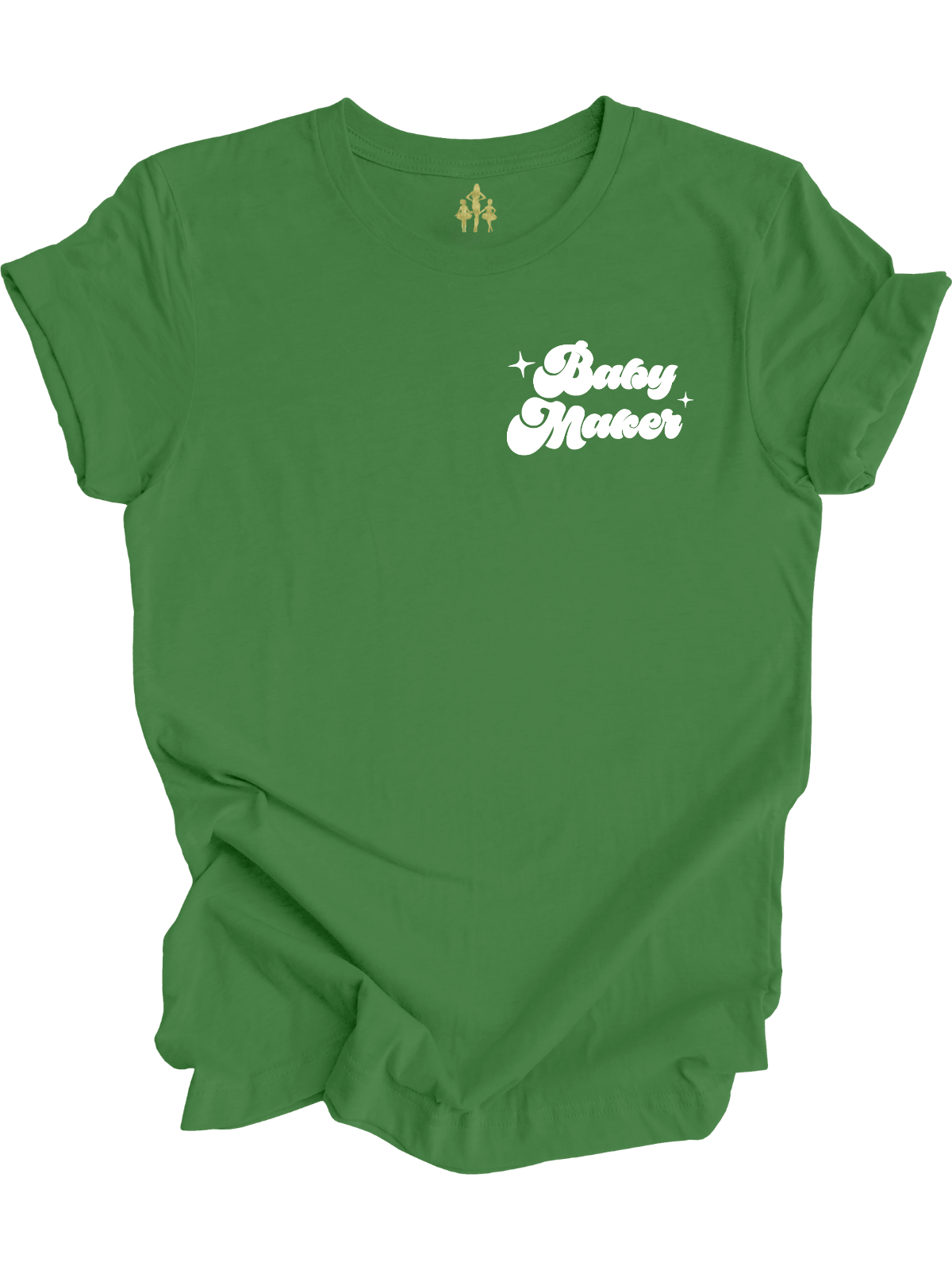 Green short sleeve shirt with “Baby Maker” phrase in white retro font