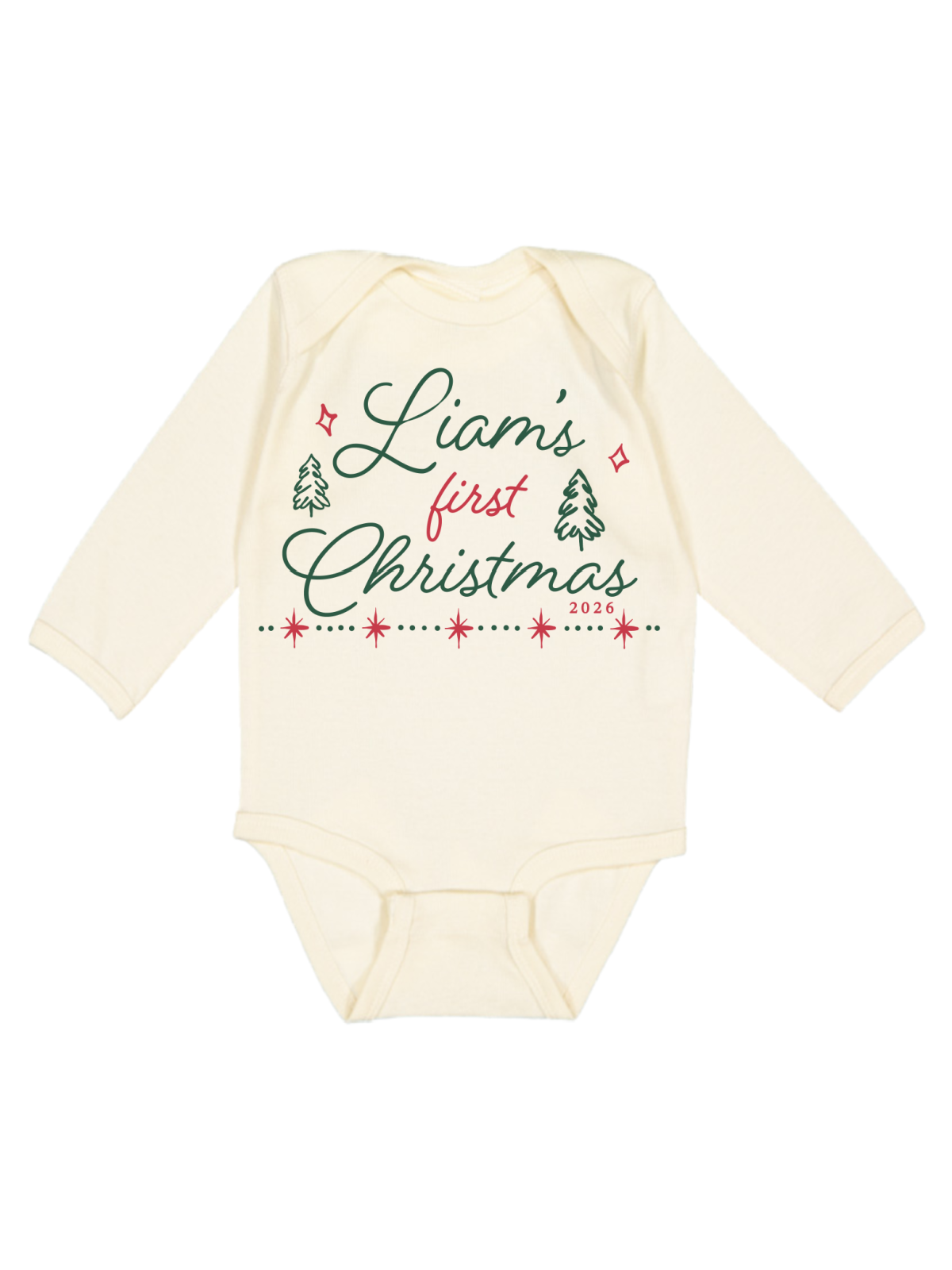 An off-white long-sleeve baby bodysuit with a festive graphic on the chest reading 'my first Christmas 2024' in green and red script, flanked by two small green pine trees.