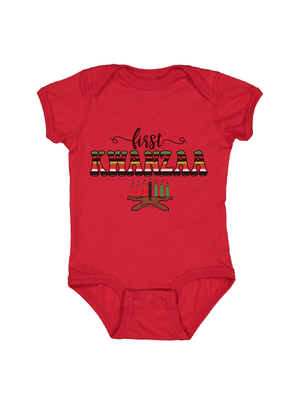 Yellow short sleeve infant one piece with Madison's first Kwanzaa in African print