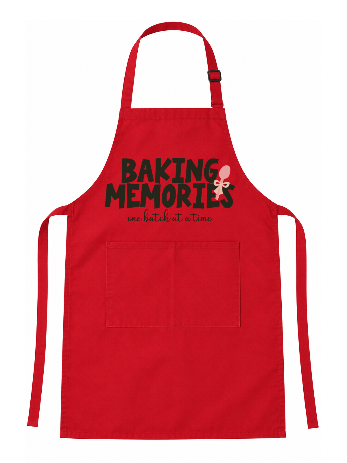 A light beige fabric apron with a front pocket, featuring the printed text 'BAKING MEMORIES one batch at a time' in dark green and pink on the chest, displayed against a solid white background.