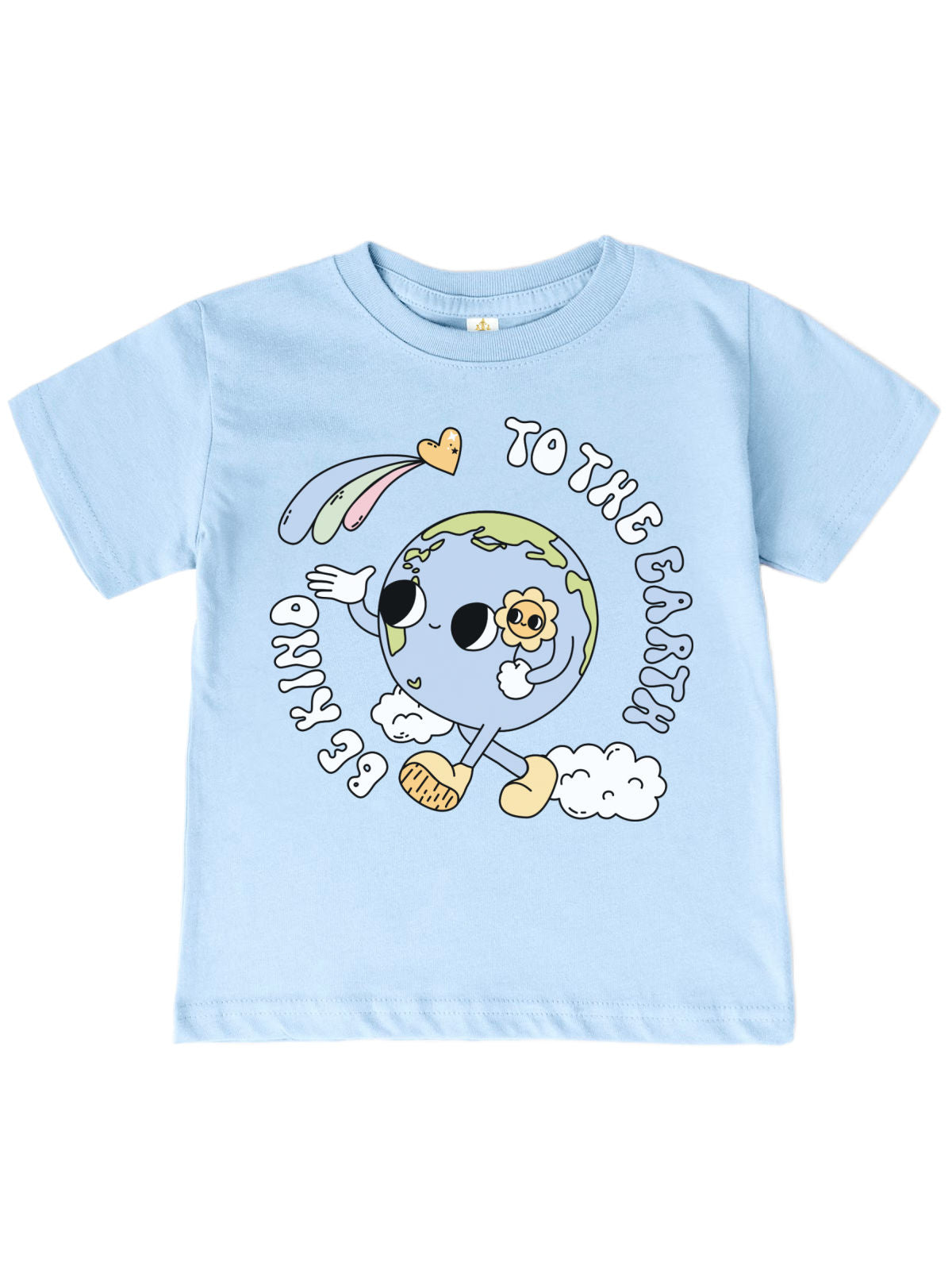 Be Kind to the Earth kids Earth Day shirt in sky blue with cartoon planet design