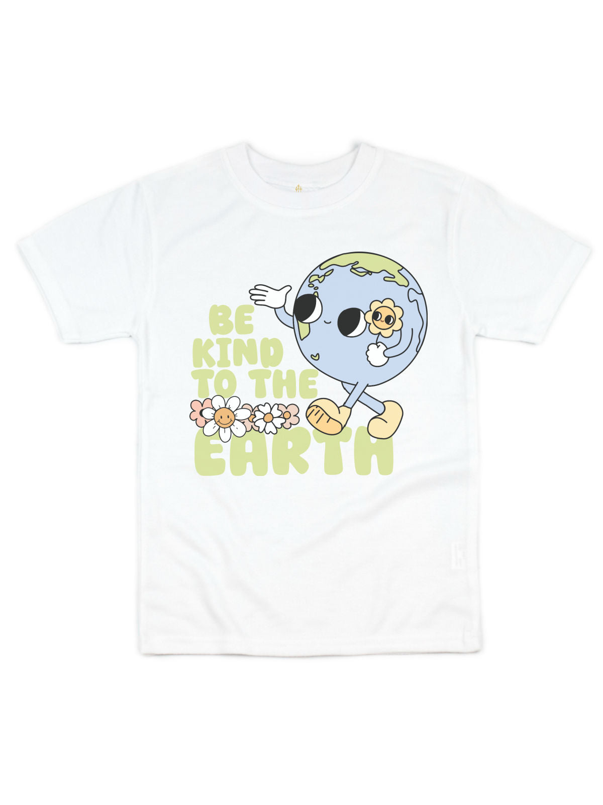 White "Be Kind to the Earth" kids Earth Day shirt with cartoon globe and flowers