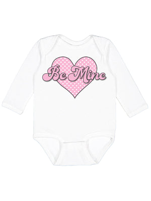 Long sleeve white infant bodysuit featuring a pink heart with "Be Mine" script, ideal for Valentine's Day.