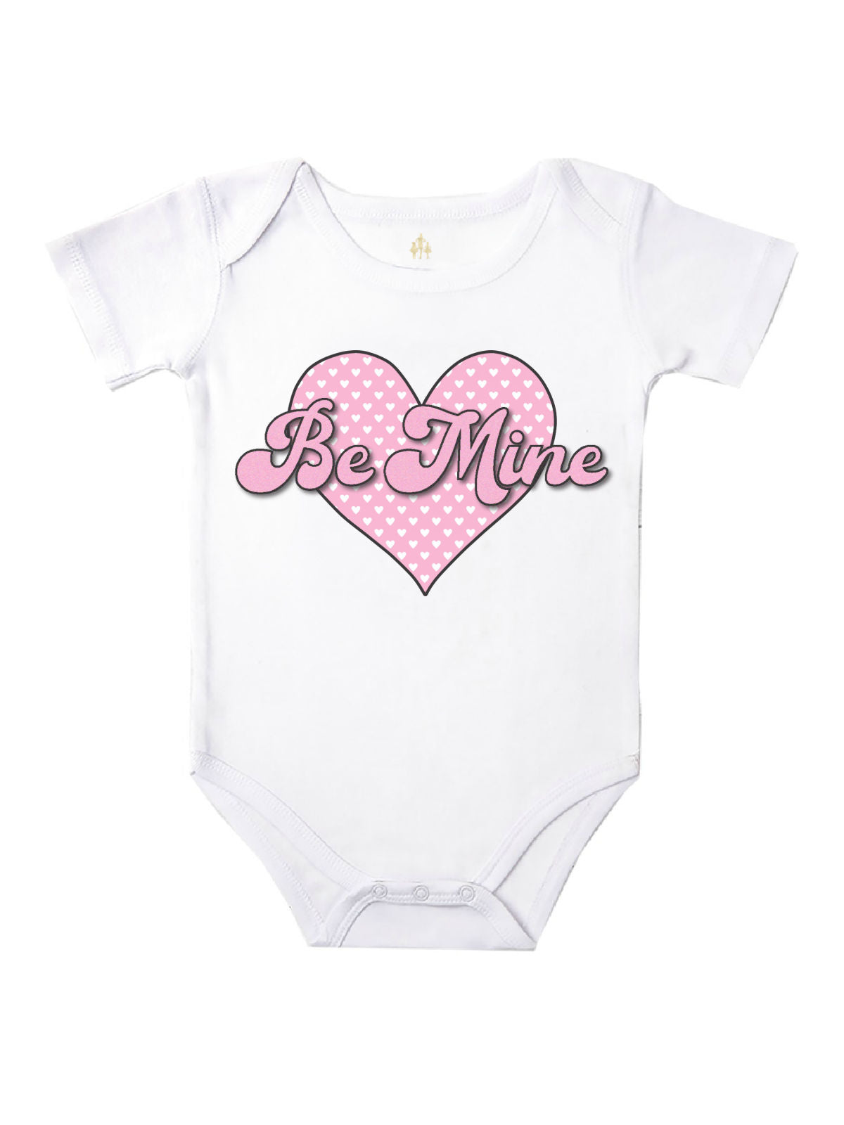 Short sleeve white baby bodysuit with pink "Be Mine" heart design, perfect for Valentine's Day.