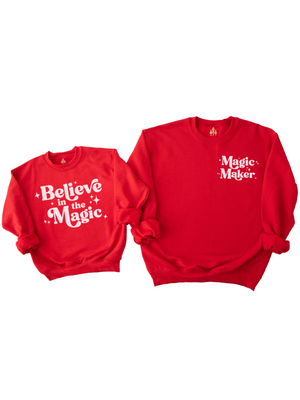 Matching mommy and me Christmas sweatshirts in red Believe in the Magic and Magic Maker