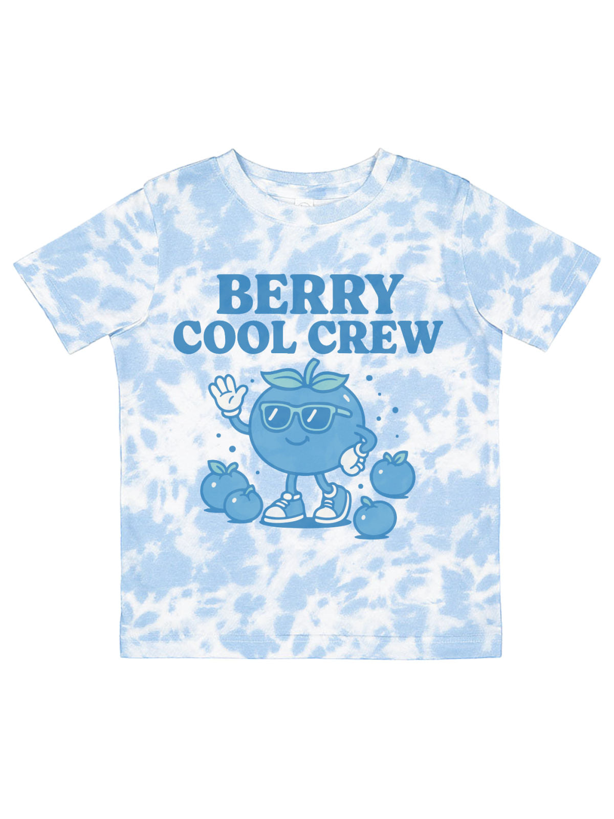 Blue and white tie-dye kids t-shirt with “Berry Cool Crew” text and cartoon blueberry character in sunglasses and sneakers