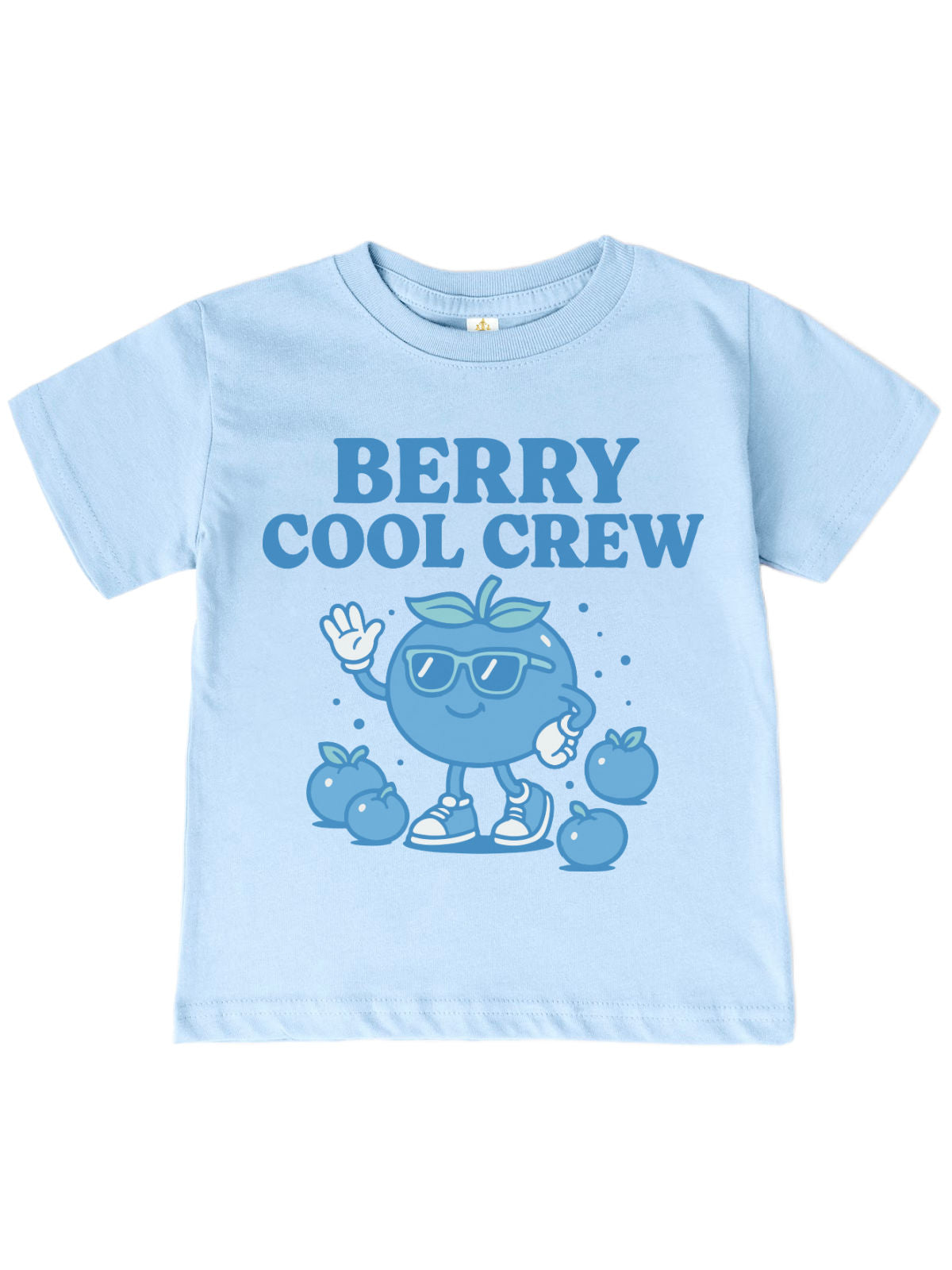 Sky blue kids t-shirt with “Berry Cool Crew” text and cartoon blueberry character wearing sunglasses and sneakers, surrounded by smaller blueberries