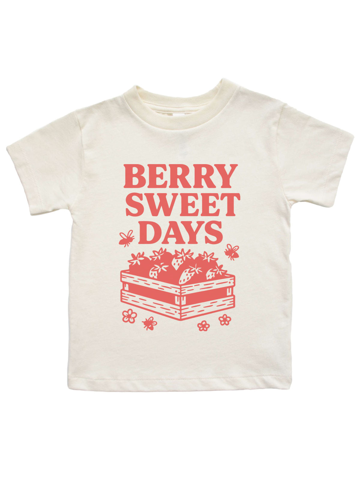 Blush pink kids t-shirt with red “Berry Sweet Days” text and strawberry crate with bees and flowers