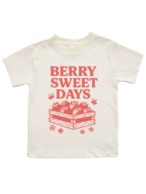 Natural kids t-shirt with red “Berry Sweet Days” text and strawberry crate with bees and flowers