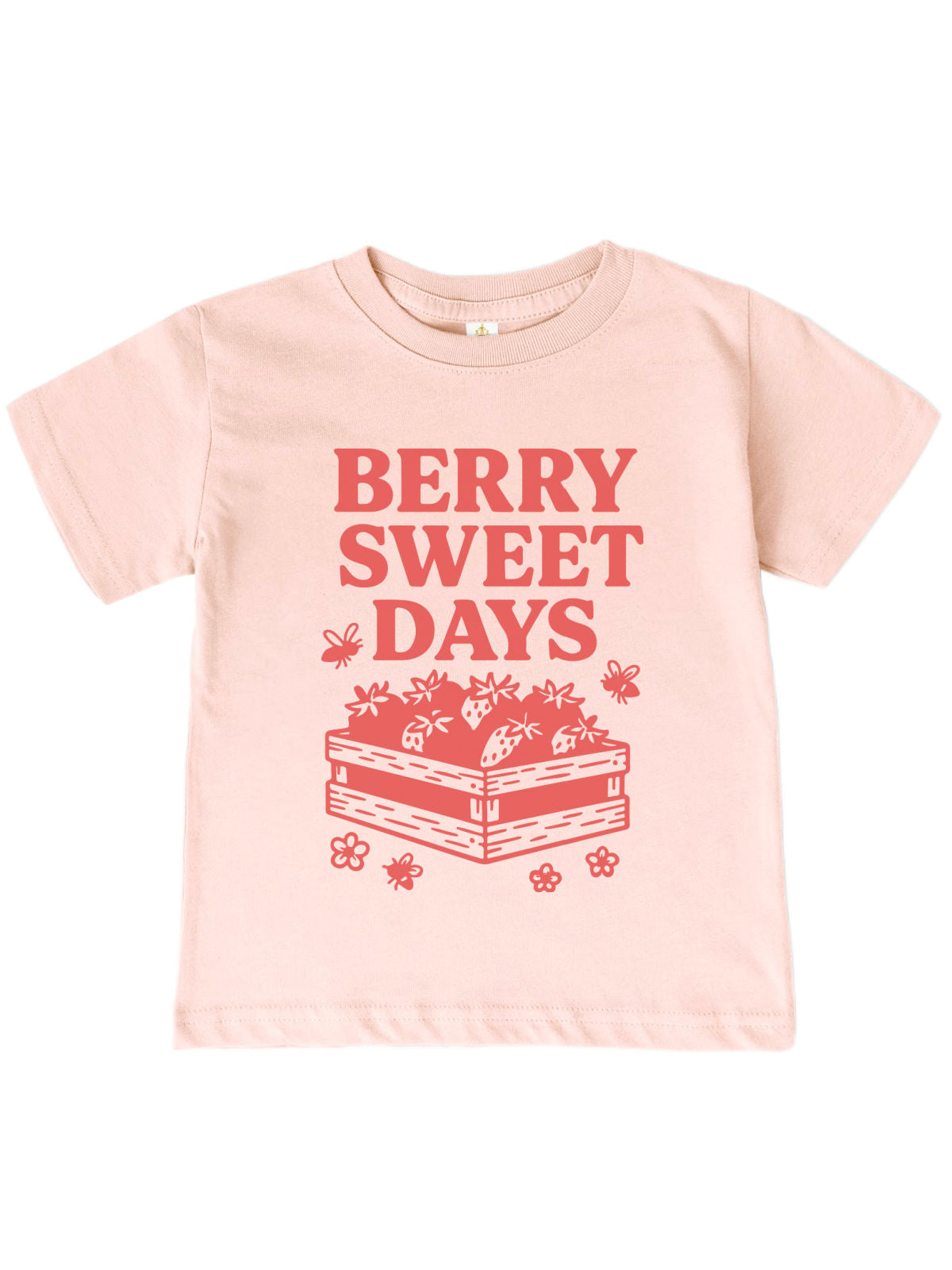 Blush pink kids t-shirt with red “Berry Sweet Days” text and strawberry crate with bees and flowers