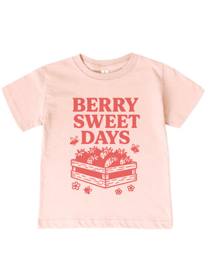 Blush pink kids t-shirt with red “Berry Sweet Days” text and strawberry crate with bees and flowers