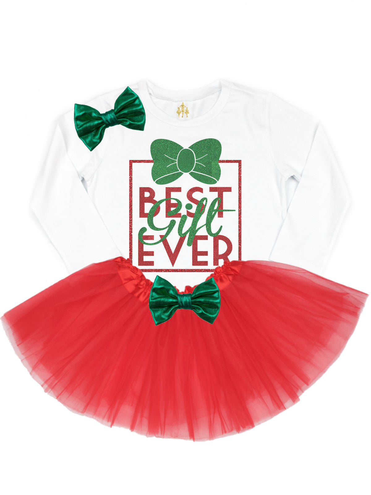 Best Gift Ever Girls Red and Green Christmas Tutu Outfit with Hair Bows