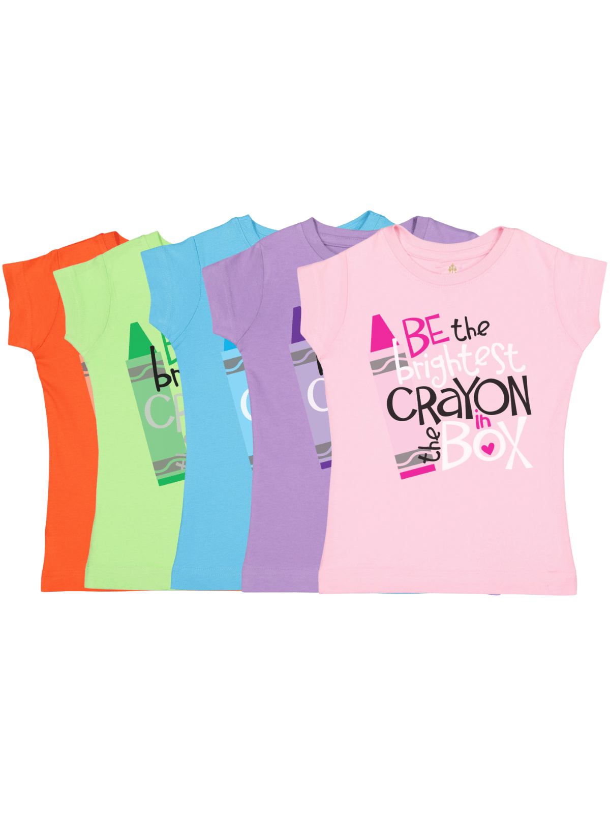 Girls “Be the Brightest Crayon in the Box” colorful back to school t-shirts in pink, orange, green, blue, and purple by Mackenzie Madison of Philadelphia