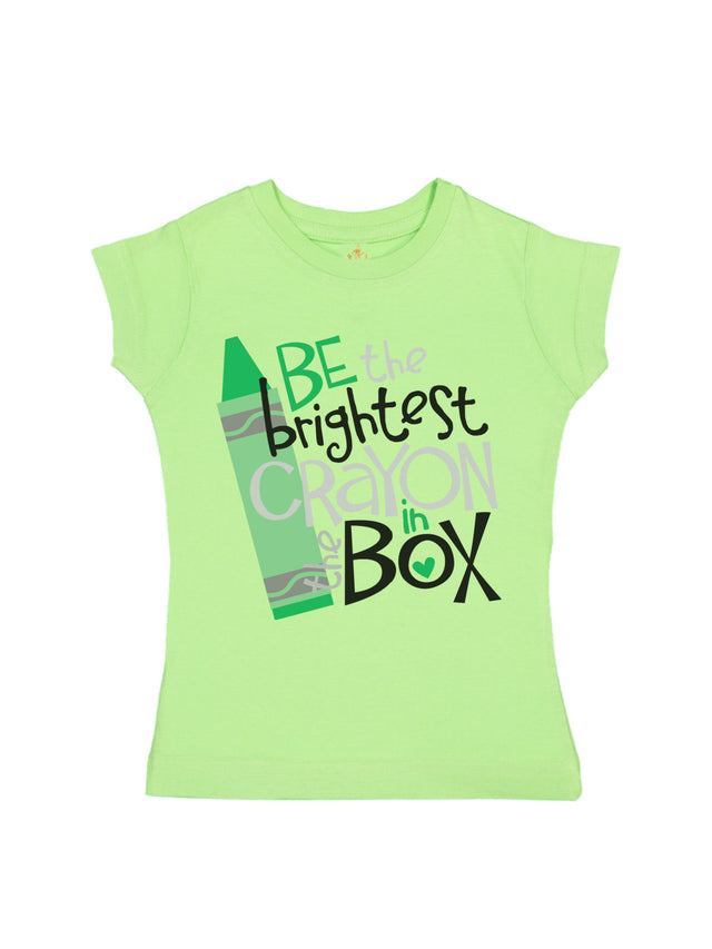 Girls “Be the Brightest Crayon in the Box” colorful back to school t-shirts in lime green
