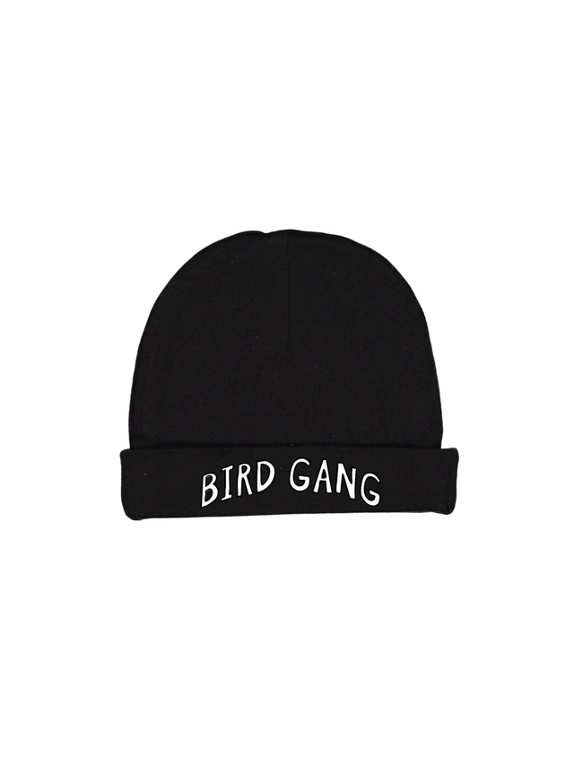 Black infant beanie hat with “Bird Gang” Philly football design
