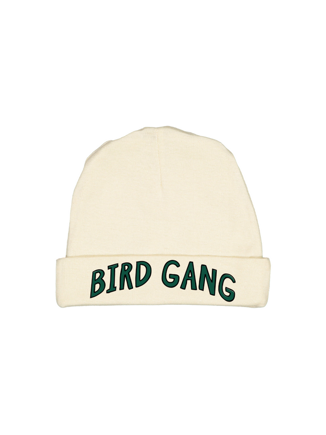 Natural infant beanie hat with “Bird Gang” Philly football design