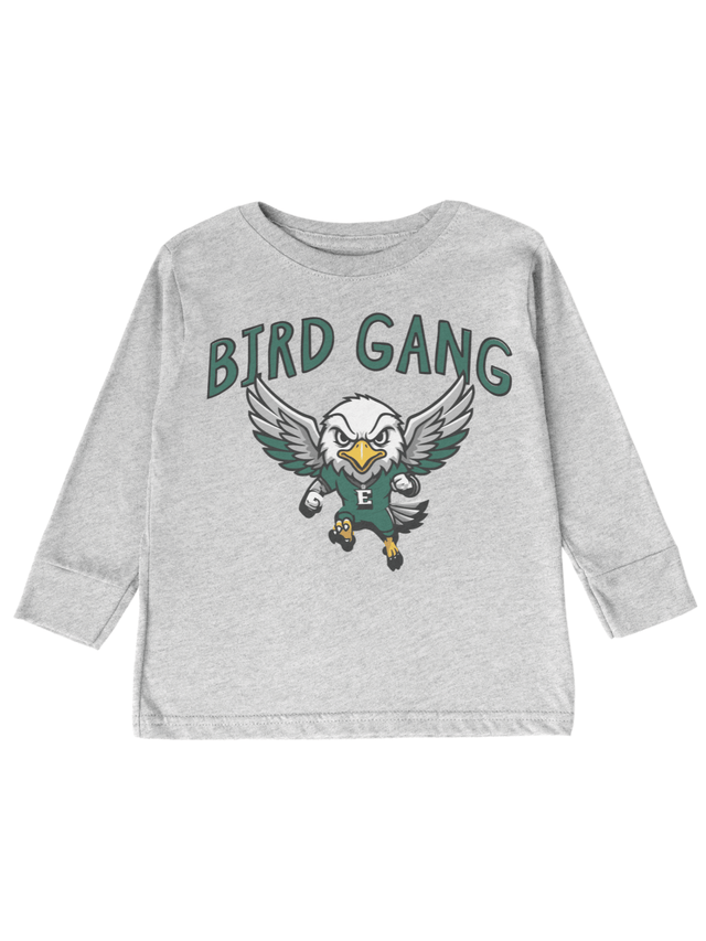 Heather gray kids long sleeve shirt with “Bird Gang” eagle Philly football graphic